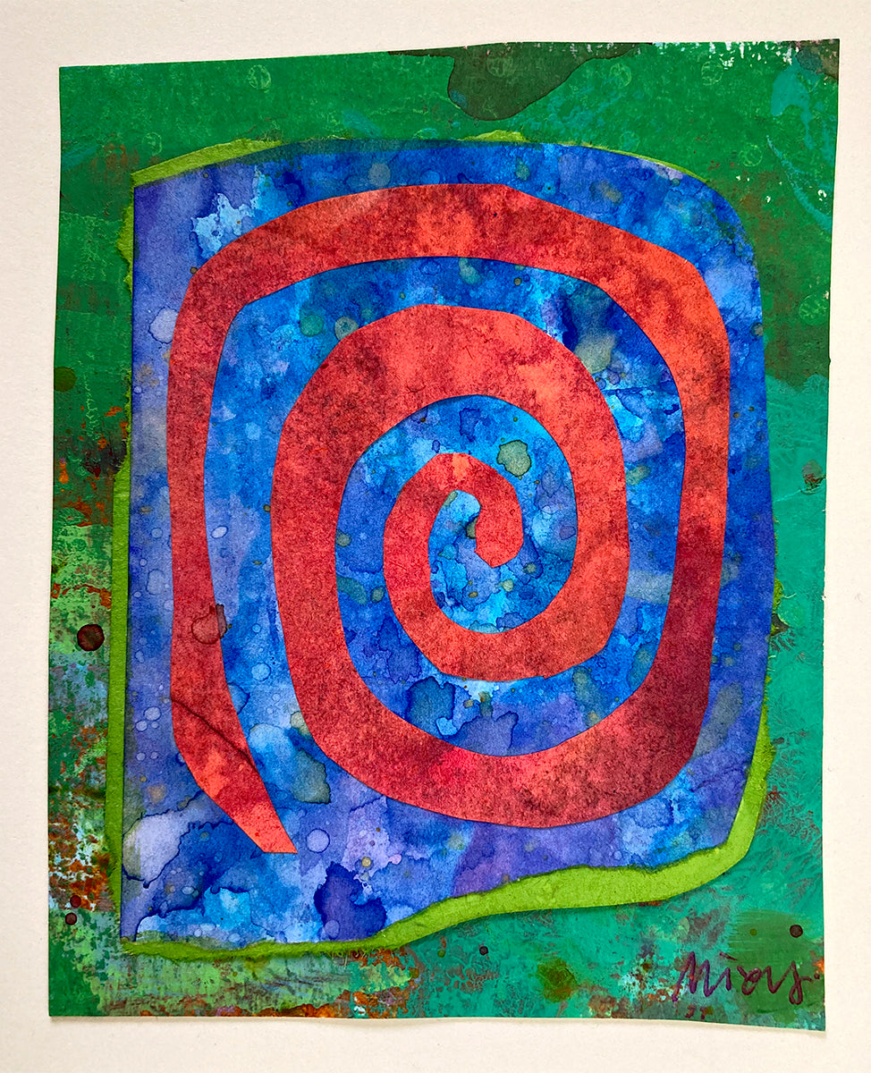 Collaged Artcard: Spiral in Red, Blues and Greens