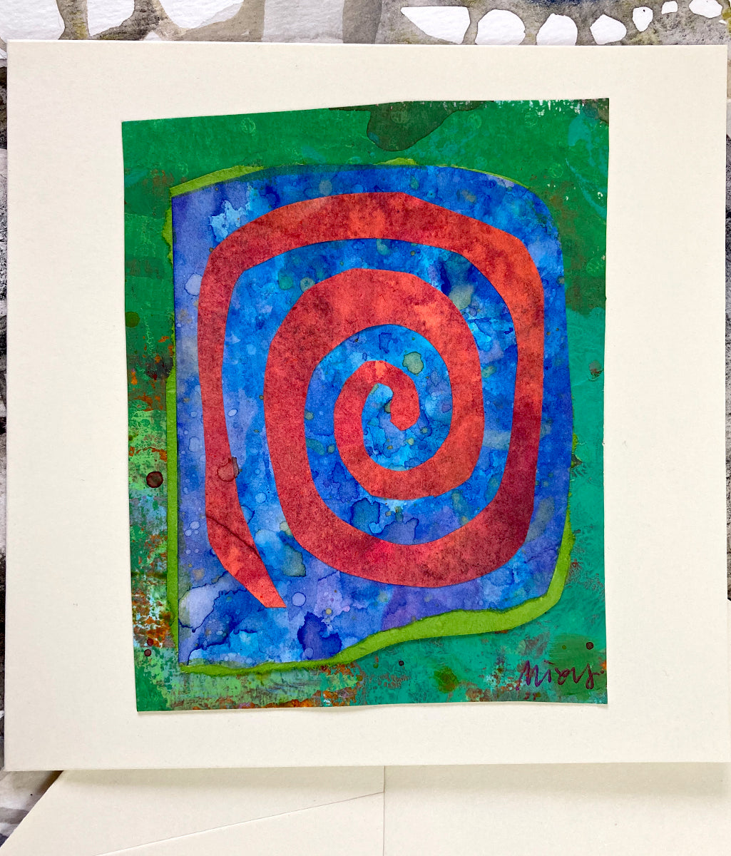 Collaged Artcard: Spiral in Red, Blues and Greens