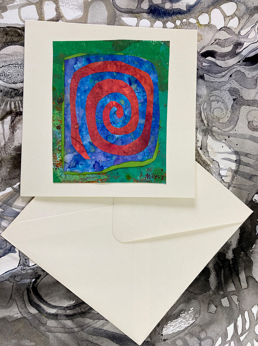Collaged Artcard: Spiral in Red, Blues and Greens