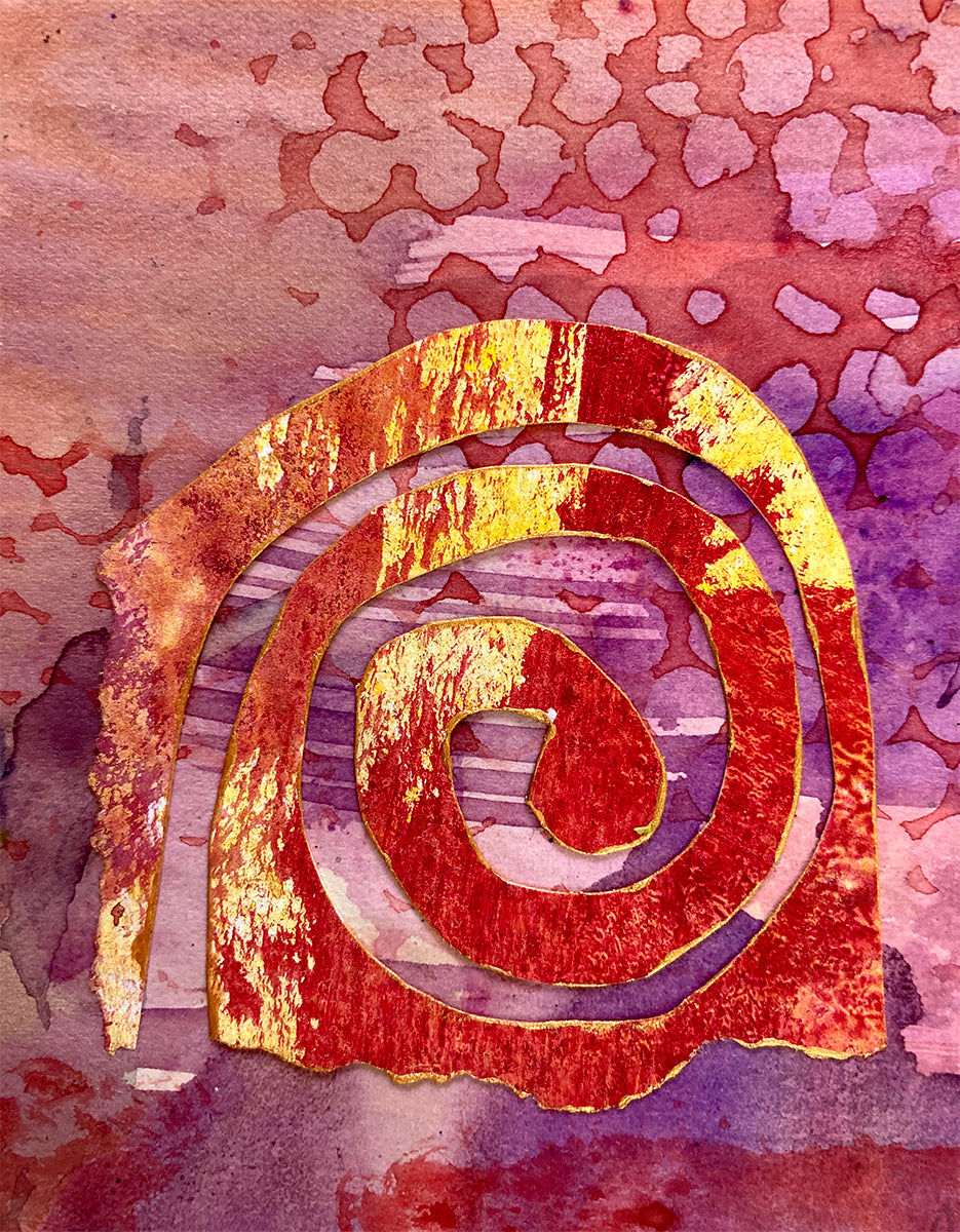 Collaged Artcard: Red & Yellow Spiral on Magenta Red