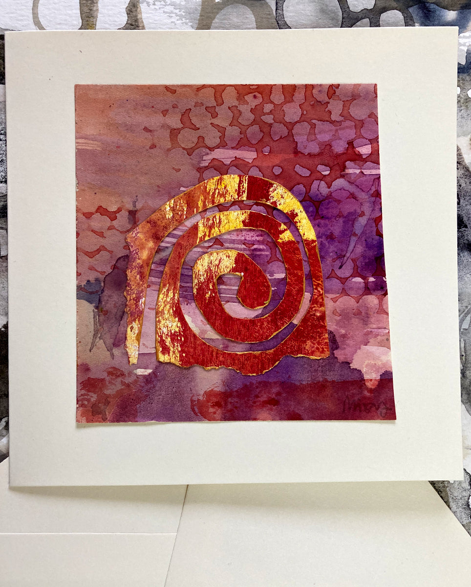 Collaged Artcard: Red & Yellow Spiral on Magenta Red