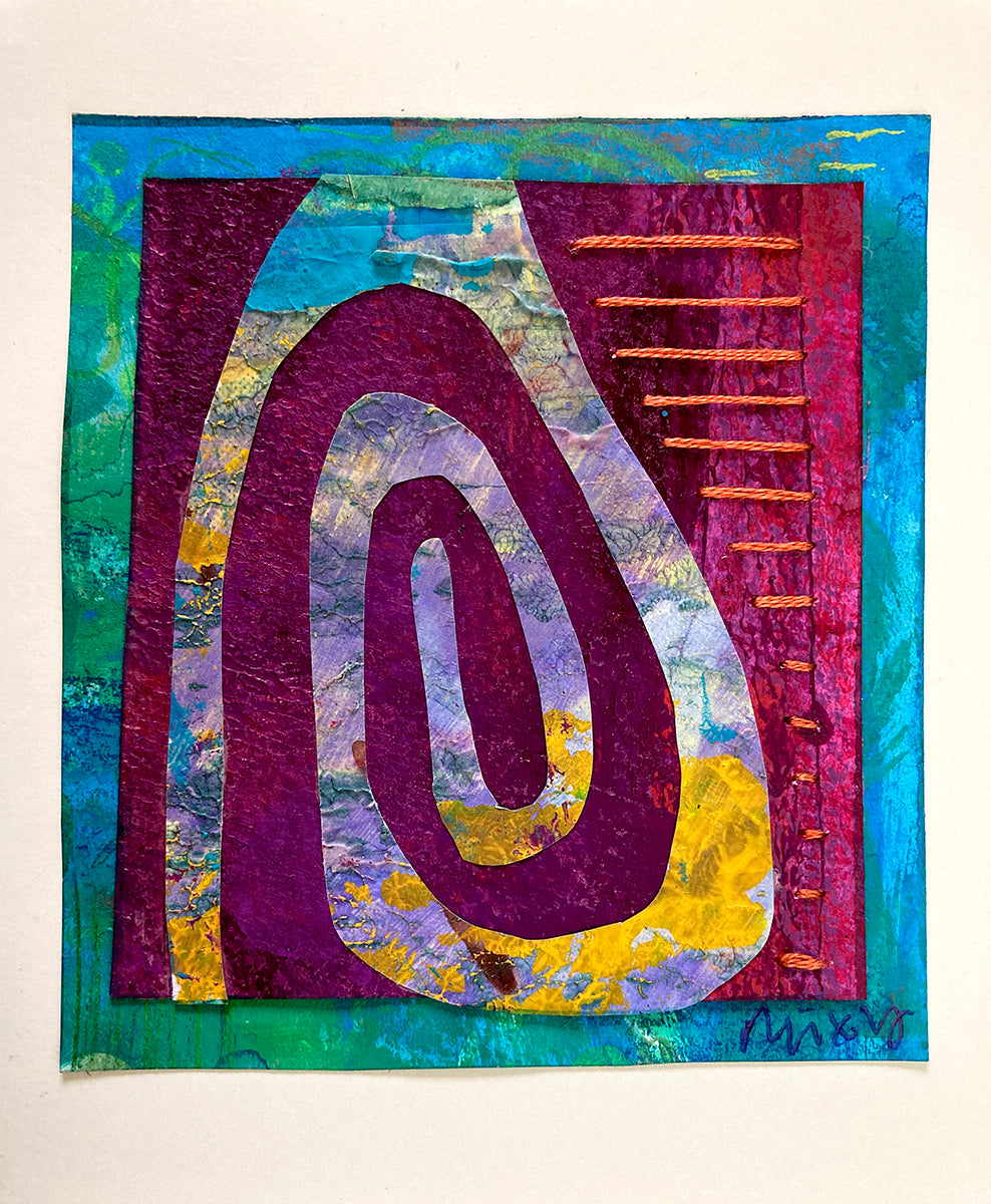 Collaged Artcard: Spiral with Stitching. Magenta, Yellow and Blues