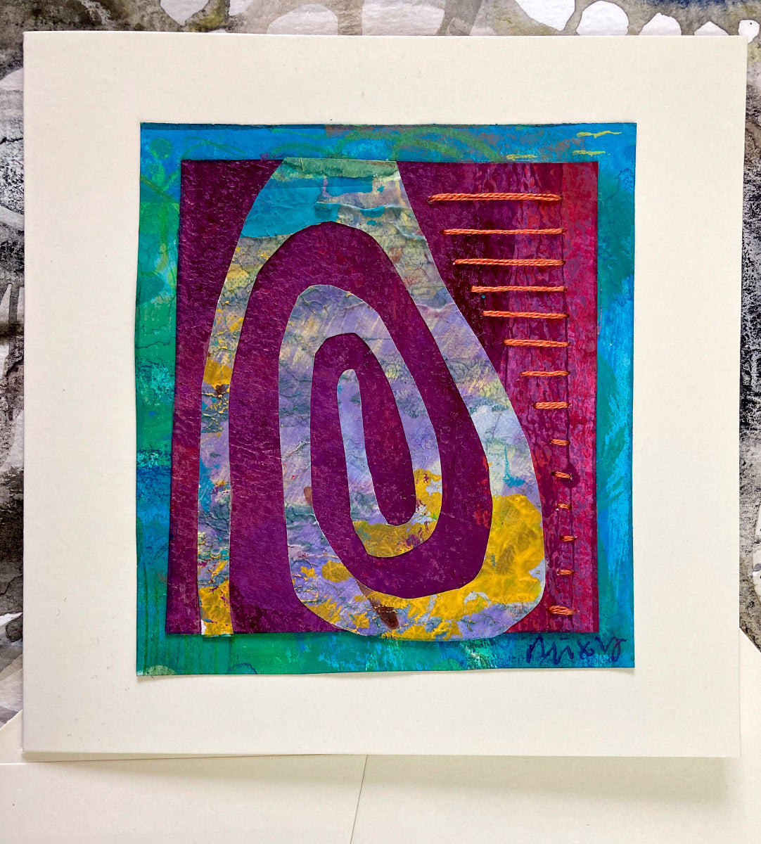 Collaged Artcard: Spiral with Stitching. Magenta, Yellow and Blues