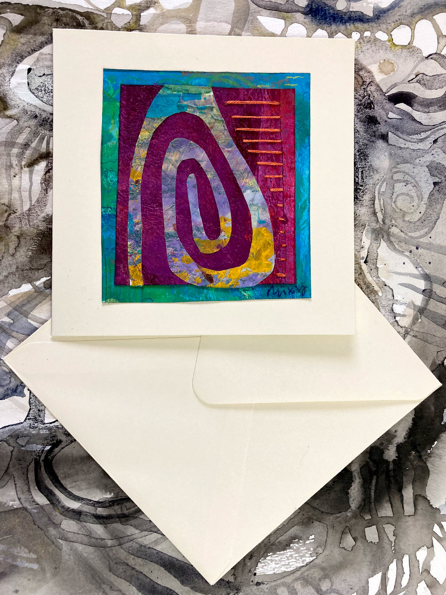 Collaged Artcard: Spiral with Stitching. Magenta, Yellow and Blues