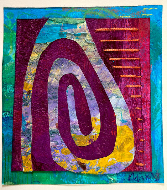 Collaged Artcard: Spiral with Stitching. Magenta, Yellow and Blues