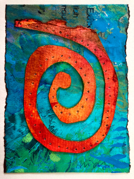 Collaged Artcard: Orange Spiral on Turquoise & Teal
