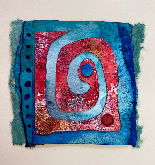 Collaged Artcard:  Red Spiral on Blue and Teal