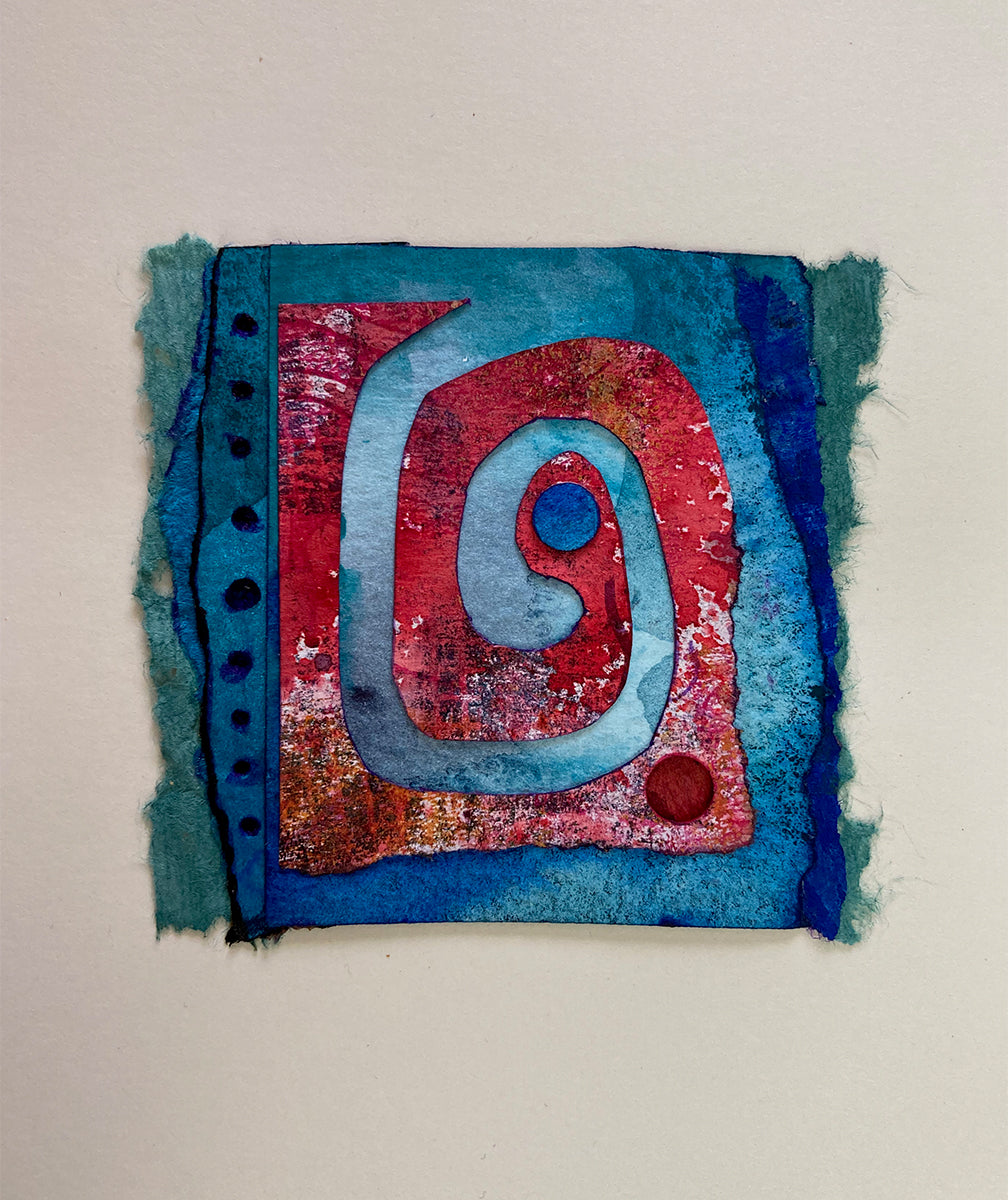 Collaged Artcard:  Red Spiral on Blue and Teal