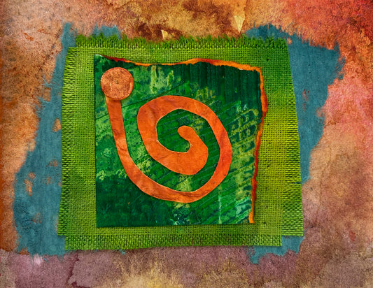 Collaged Artcard: Orange Spiral on Green.